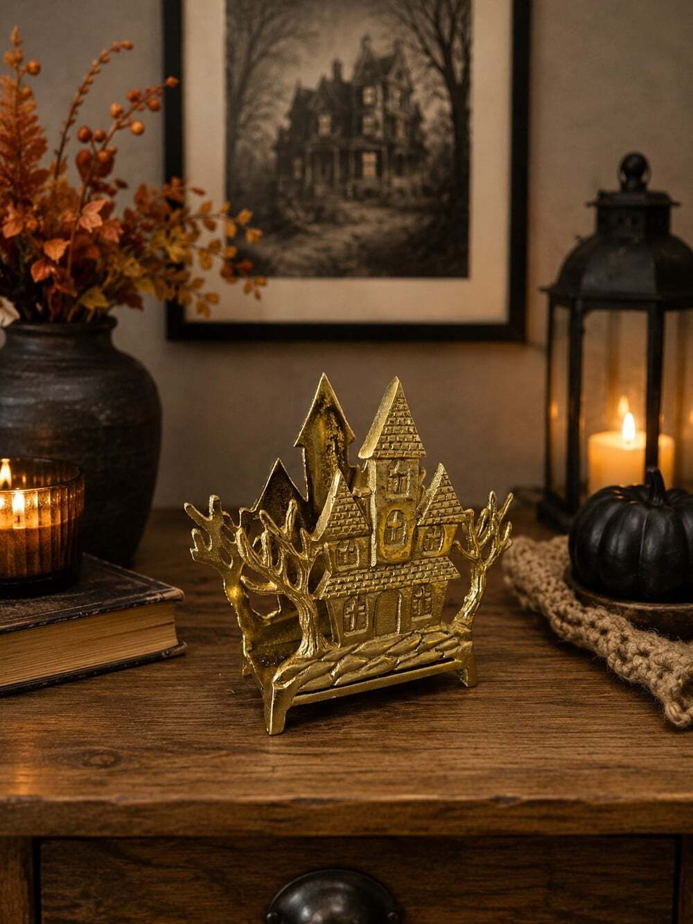 New Metal Gold Haunted House Halloween Dinning Napkin Holder Kitchen Table